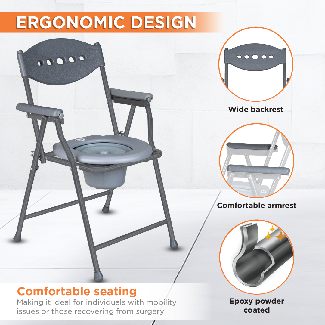 Vissco Comfort Steel Folding Commode Chair for Elderly, Patients & Disabled | Height Adjustable, Portable Toilet Chair with Armrest & Non-Slip Legs | Foldable, Pre-Assembled, 80kg Weight Capacity