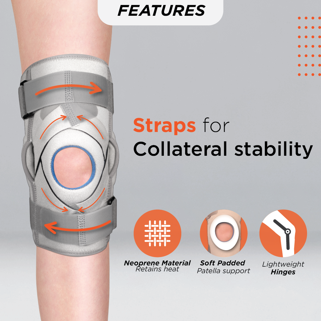 Vissco Neoprene Hinged Patella Knee Brace | Provides moderate support & stability to the Knee - (CLOSED TYPE) - Grey (Single Piece)