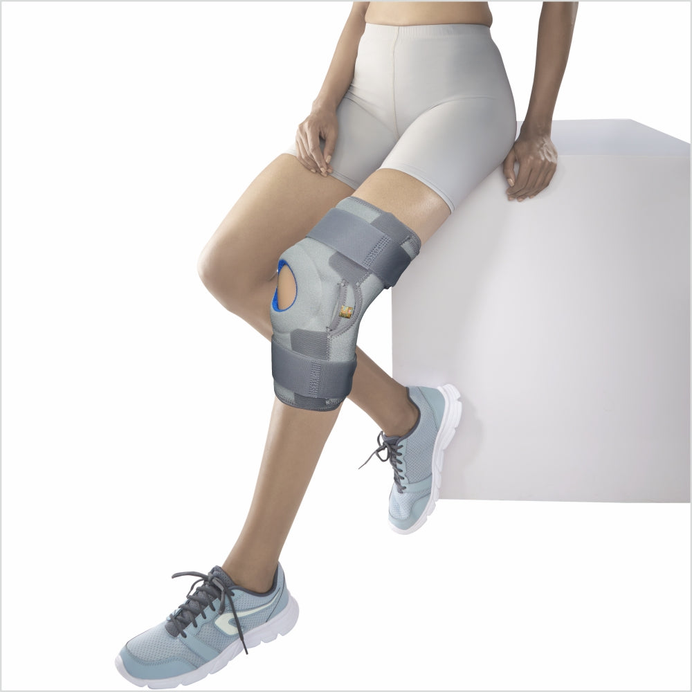Vissco Neoprene Hinged Patella Knee Brace | Provides moderate support & stability to the Knee - (OPEN TYPE) - Grey (Single Piece)