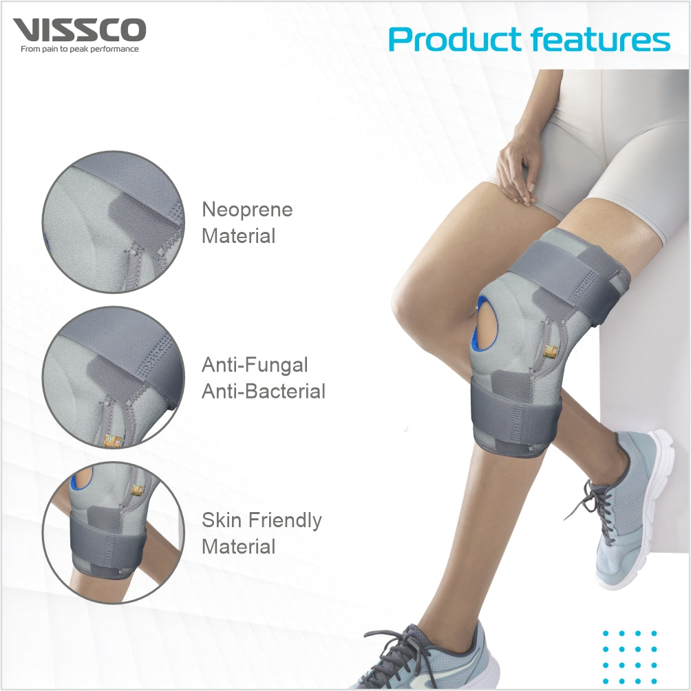 Vissco Neoprene Hinged Patella Knee Brace | Provides moderate support & stability to the Knee - (OPEN TYPE) - Grey (Single Piece)
