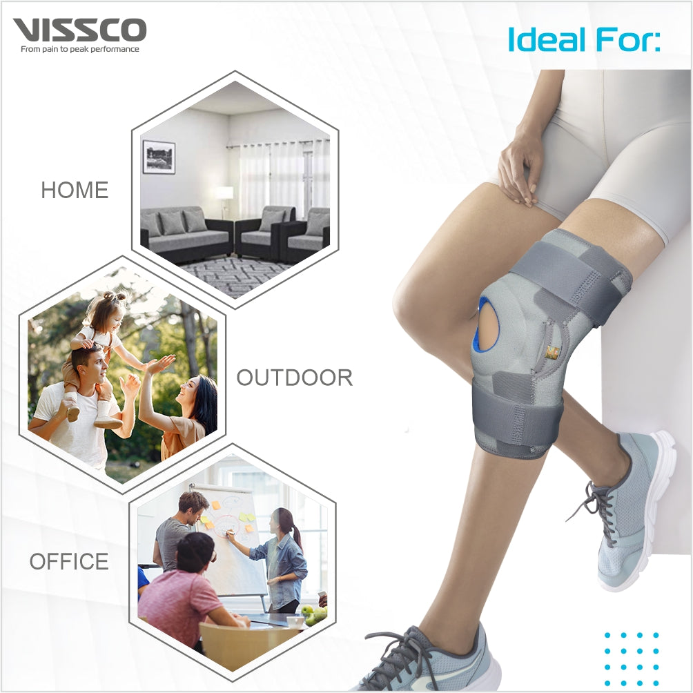 Vissco Neoprene Hinged Patella Knee Brace | Provides moderate support & stability to the Knee - (OPEN TYPE) - Grey (Single Piece)