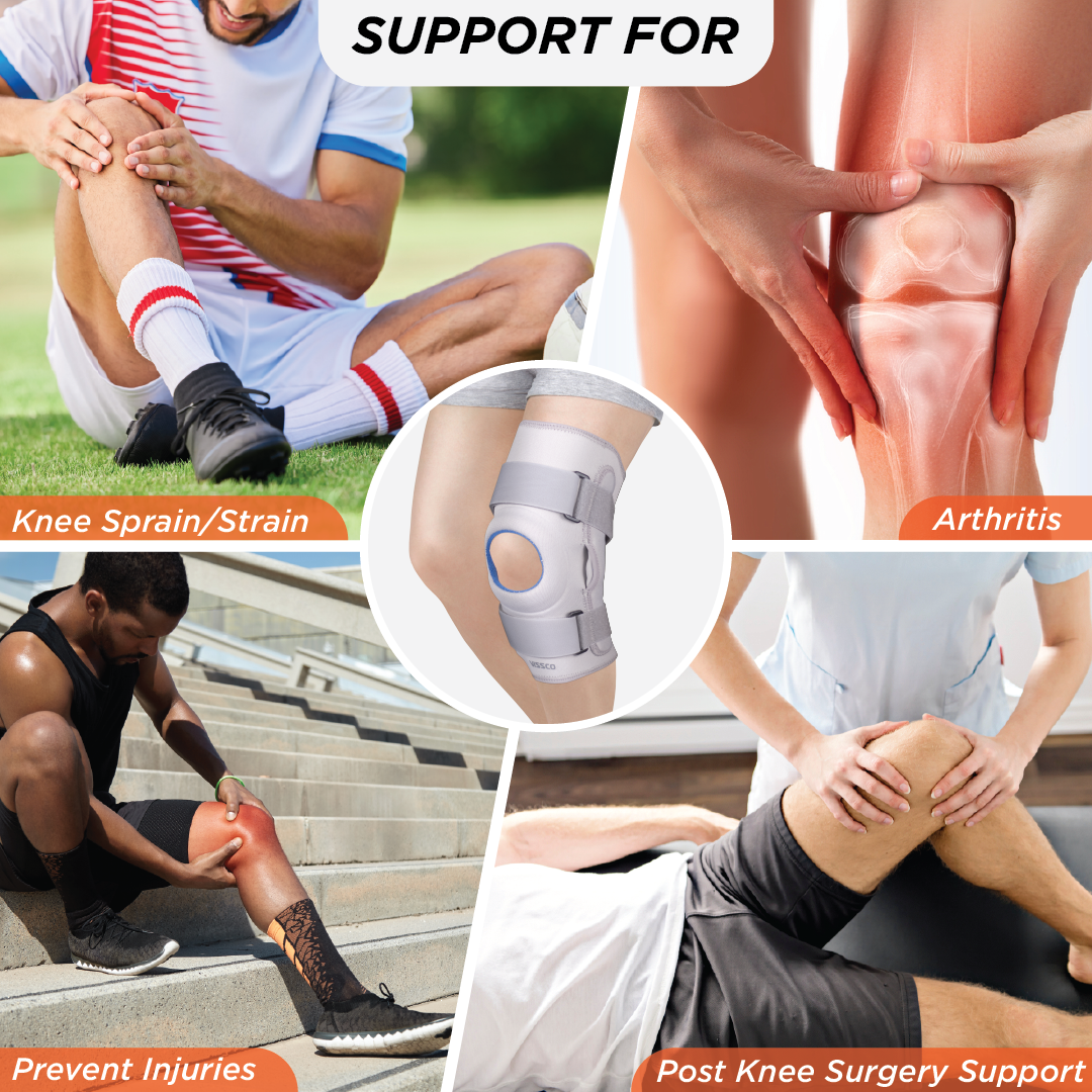 Vissco Neoprene Hinged Knee Stabilizer | Ideal moderate support for knee stability with lateral and medial hinges| Color - Grey (Single Piece)