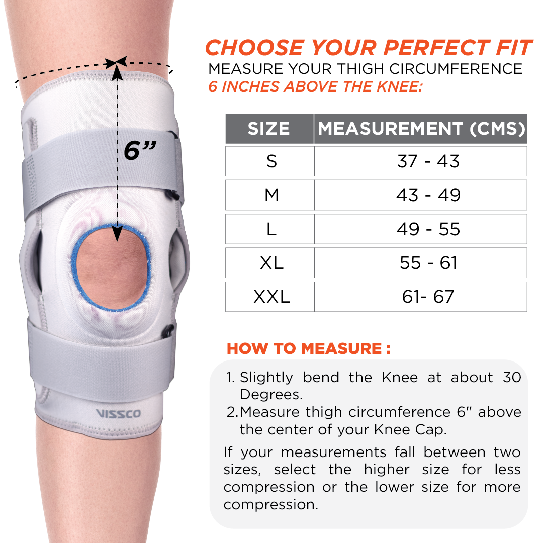 Vissco Neoprene Hinged Knee Stabilizer | Ideal moderate support for knee stability with lateral and medial hinges| Color - Grey (Single Piece)