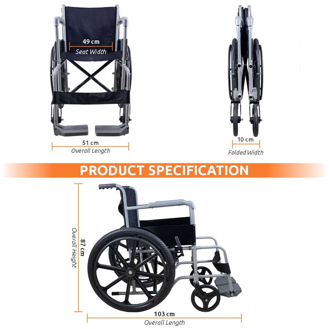 Vissco Rodeo Veer Mag Wheel | WheelChair With Fixed Handle | Swingable Footrest | Weight Capacity 100kg (Grey)