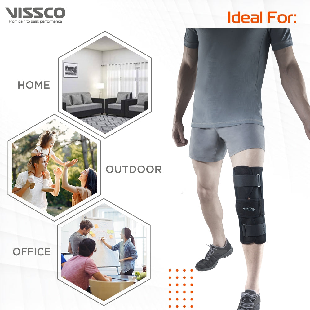 Knee Stabler - Short (14" Brace) | Ideal firm Knee support that limits knee motion & stabilizes the knee with mediolateral metal supports | Color - Black - Vissco Rehabilitation 