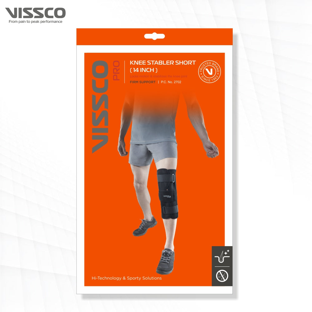 Knee Stabler - Short (14" Brace) | Ideal firm Knee support that limits knee motion & stabilizes the knee with mediolateral metal supports | Color - Black - Vissco Next