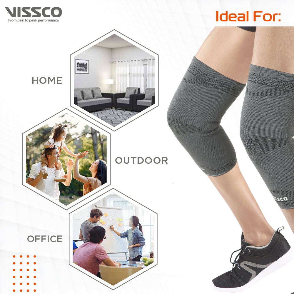 Vissco Stretchable 2D Knee Cap | Ideal mild support for free Knee movement | Color - Grey (IN PAIR)