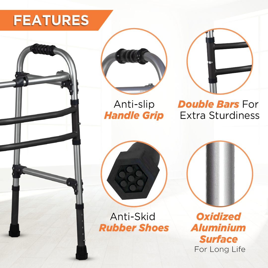 Vissco Dura Max Walker (Aluminium) | Foldable Walking Aid | Adjustable Height  | Light Weight | With Premium Grade Rubber Shoes and PVC Grip  (Grey)