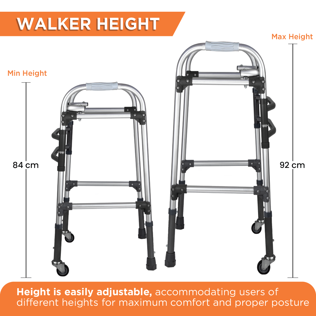 Vissco Dura Max Walker with Wheels | (Aluminium) Foldable Walking Aid | Adjustable Height  | Light Weight | With Premium Grade Rubber Shoes and PVC Grip (Grey)