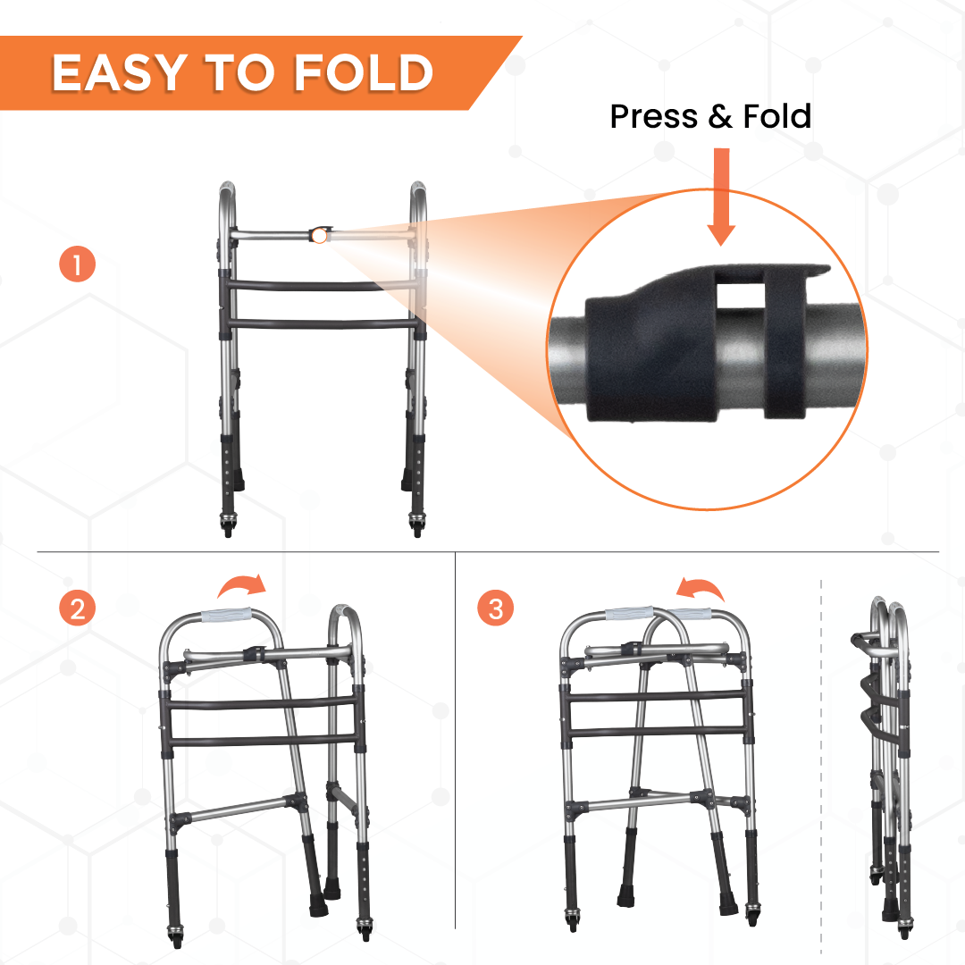 Vissco Dura Max Walker with Wheels | (Aluminium) Foldable Walking Aid | Adjustable Height  | Light Weight | With Premium Grade Rubber Shoes and PVC Grip (Grey)