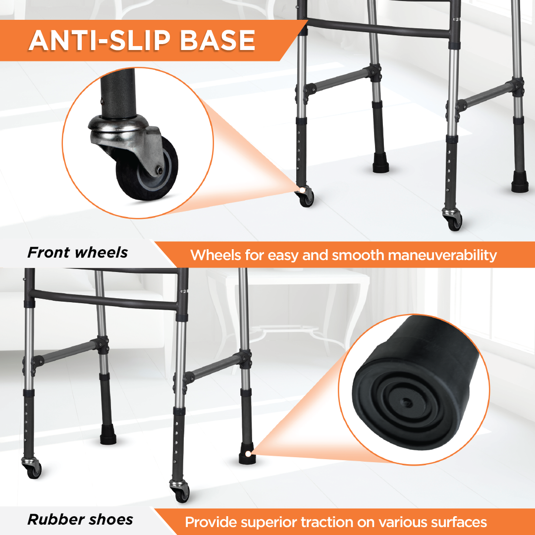Vissco Dura Max Walker with Wheels | (Aluminium) Foldable Walking Aid | Adjustable Height  | Light Weight | With Premium Grade Rubber Shoes and PVC Grip (Grey)