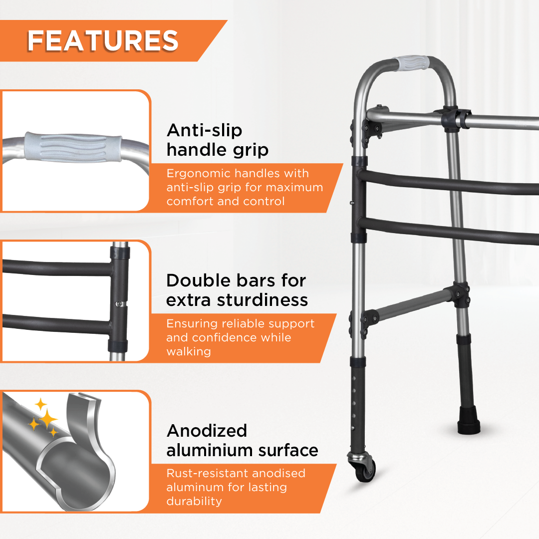 Vissco Dura Max Walker with Wheels | (Aluminium) Foldable Walking Aid | Adjustable Height  | Light Weight | With Premium Grade Rubber Shoes and PVC Grip (Grey)