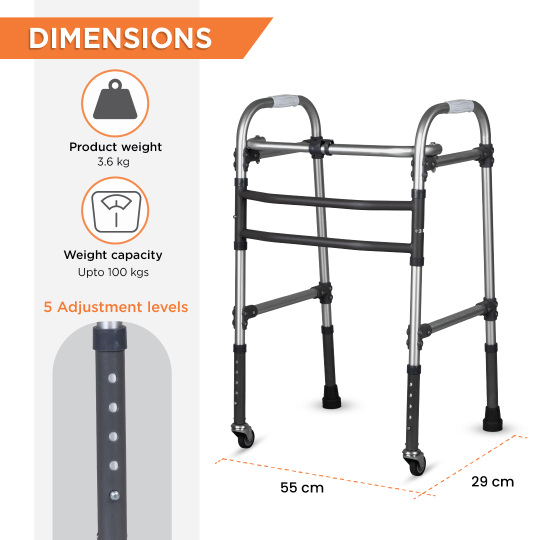 Vissco Dura Max Walker with Wheels | (Aluminium) Foldable Walking Aid | Adjustable Height  | Light Weight | With Premium Grade Rubber Shoes and PVC Grip (Grey)