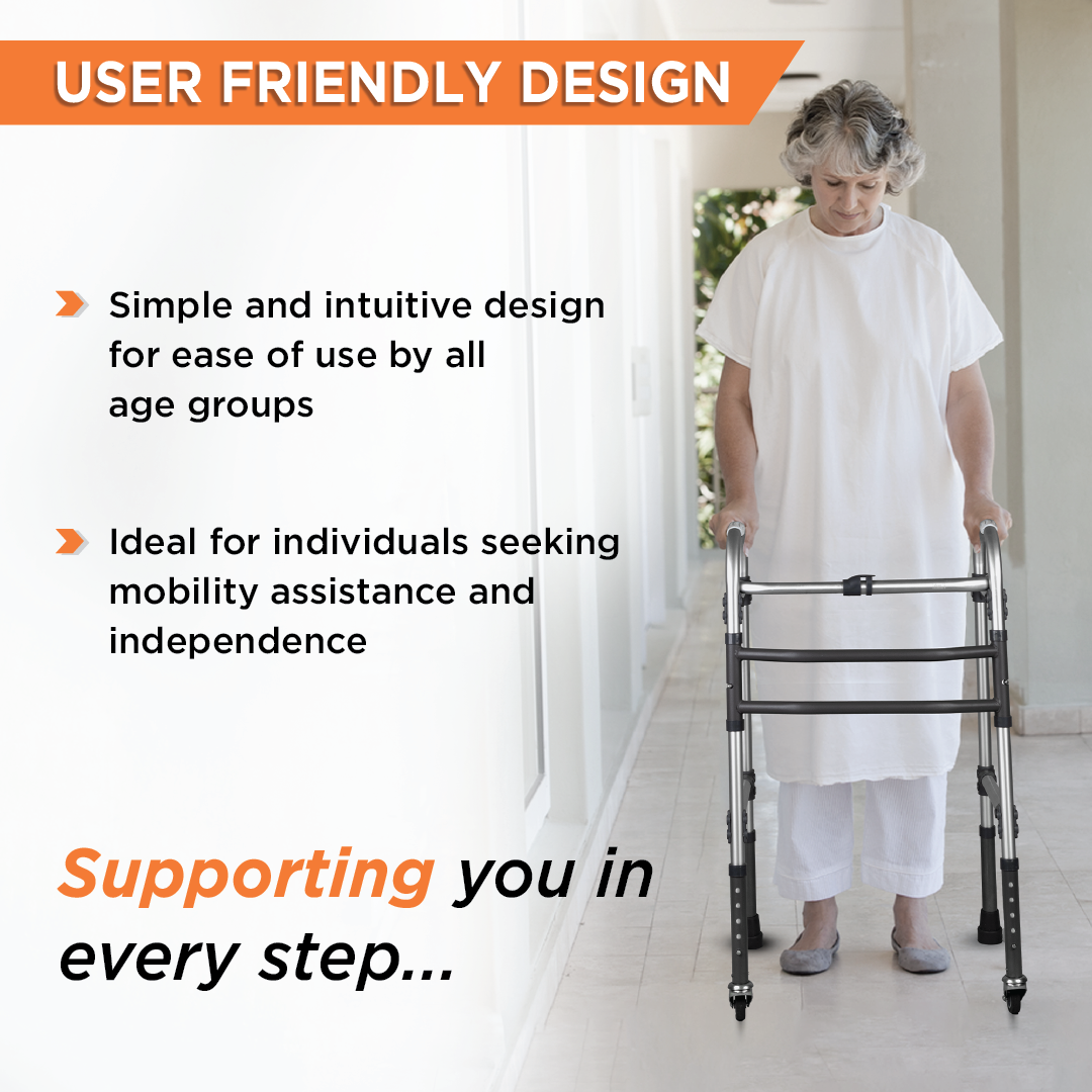 Vissco Dura Max Walker with Wheels | (Aluminium) Foldable Walking Aid | Adjustable Height  | Light Weight | With Premium Grade Rubber Shoes and PVC Grip (Grey)