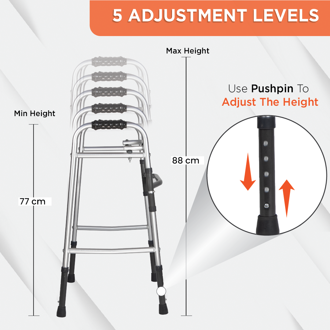 Vissco Dura Lite Walker (Aluminium) | Foldable Walking Aid | Adjustable Height | Light Weight | With Premium Grade Rubber Shoes and PVC Grip (Grey)