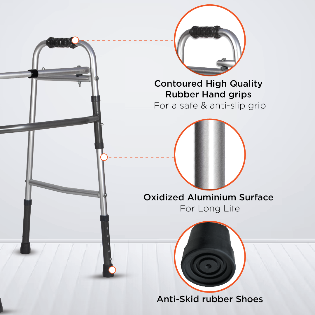 Vissco Dura Lite Walker (Aluminium) | Foldable Walking Aid | Adjustable Height | Light Weight | With Premium Grade Rubber Shoes and PVC Grip (Grey)