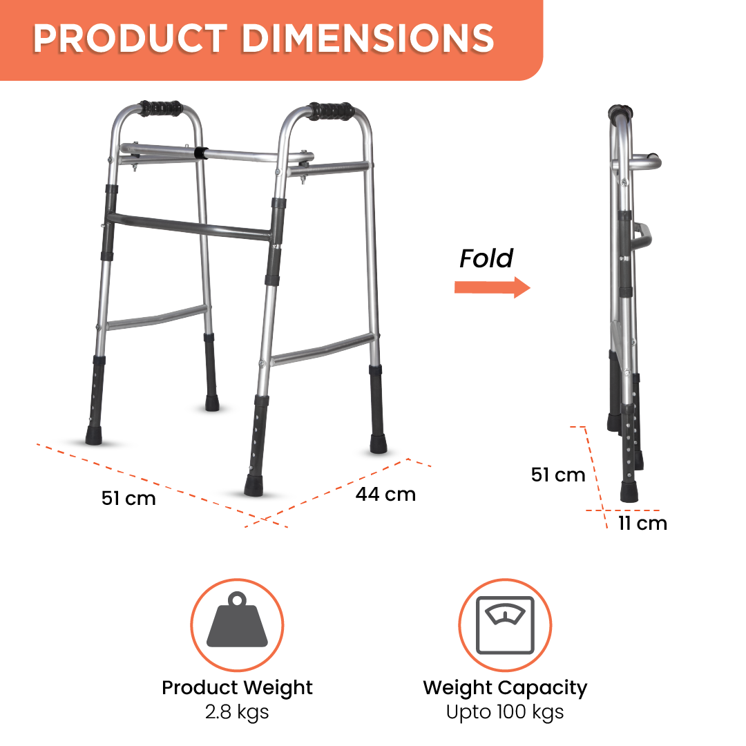 Vissco Dura Lite Walker (Aluminium) | Foldable Walking Aid | Adjustable Height | Light Weight | With Premium Grade Rubber Shoes and PVC Grip (Grey)