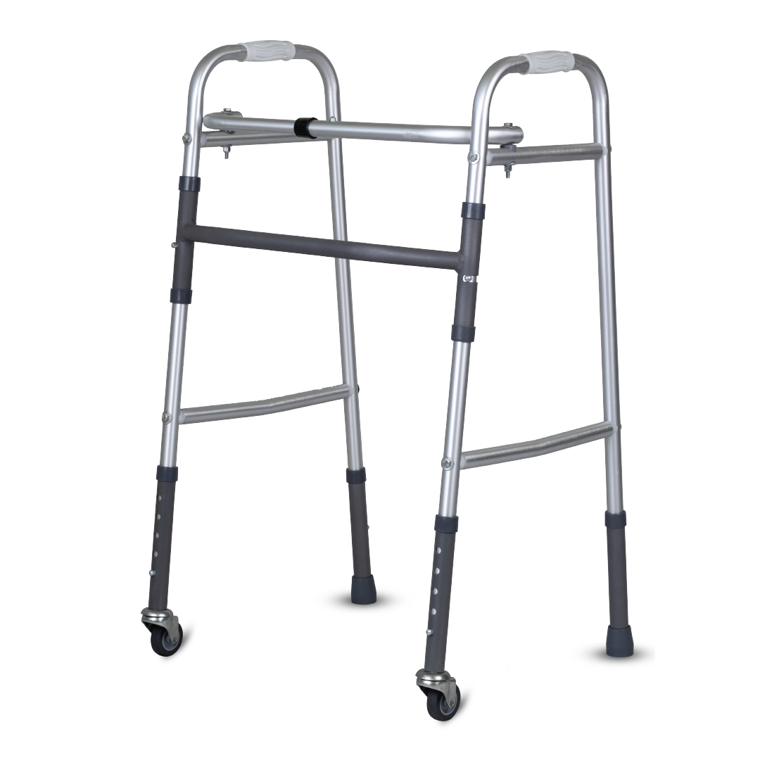 Vissco Dura Lite Walker (Aluminium) with Wheels | Foldable Walking Aid | Adjustable Height | Light Weight | With Premium Grade Rubber Shoes and PVC Grip (Grey)