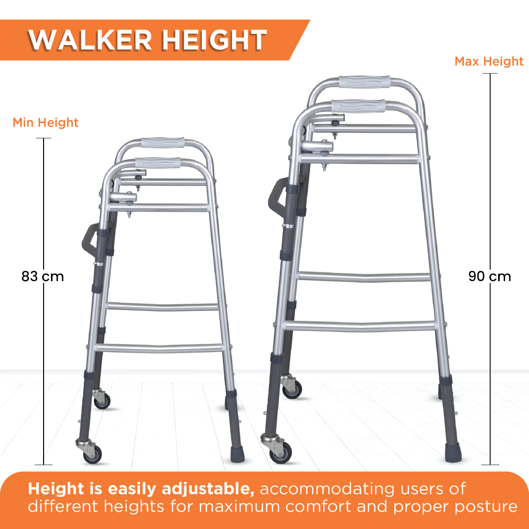 Vissco Dura Lite Walker (Aluminium) with Wheels | Foldable Walking Aid | Adjustable Height | Light Weight | With Premium Grade Rubber Shoes and PVC Grip (Grey)