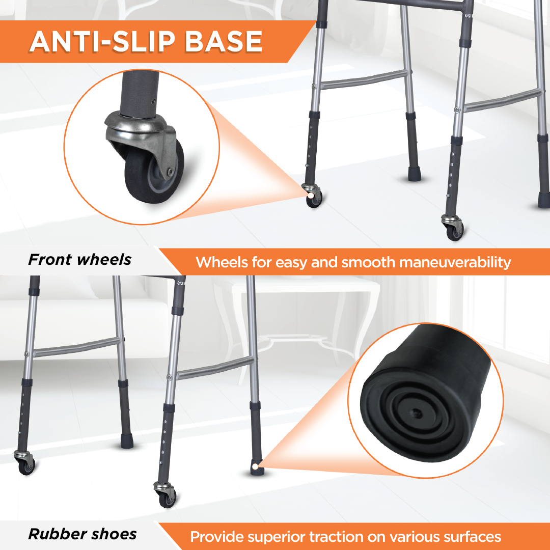 Vissco Dura Lite Walker (Aluminium) with Wheels | Foldable Walking Aid | Adjustable Height | Light Weight | With Premium Grade Rubber Shoes and PVC Grip (Grey)