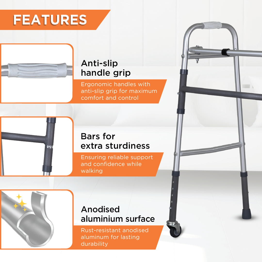 Vissco Dura Lite Walker (Aluminium) with Wheels | Foldable Walking Aid | Adjustable Height | Light Weight | With Premium Grade Rubber Shoes and PVC Grip (Grey)