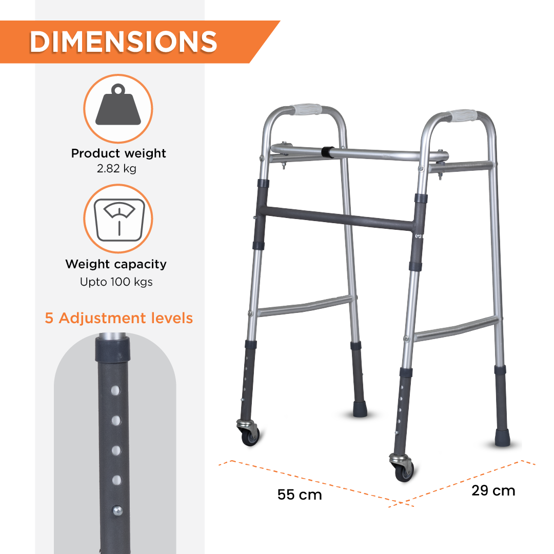 Vissco Dura Lite Walker (Aluminium) with Wheels | Foldable Walking Aid | Adjustable Height | Light Weight | With Premium Grade Rubber Shoes and PVC Grip (Grey)