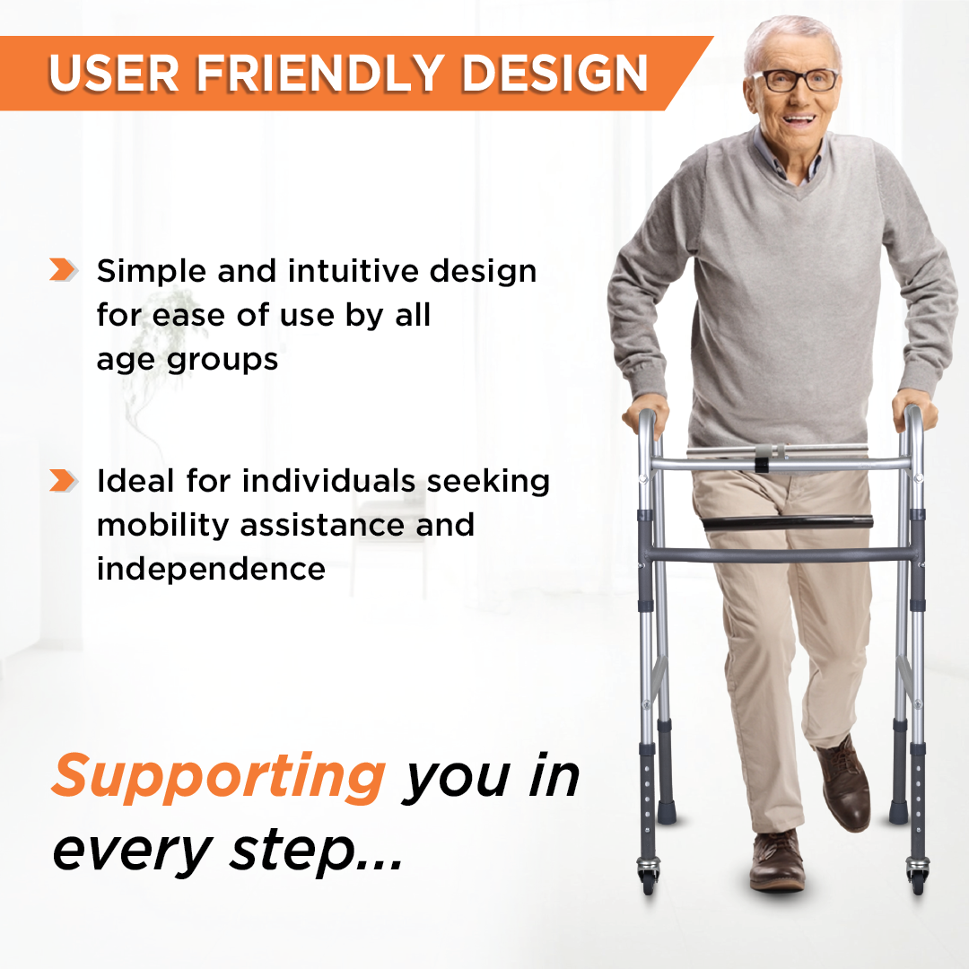 Vissco Dura Lite Walker (Aluminium) with Wheels | Foldable Walking Aid | Adjustable Height | Light Weight | With Premium Grade Rubber Shoes and PVC Grip (Grey)