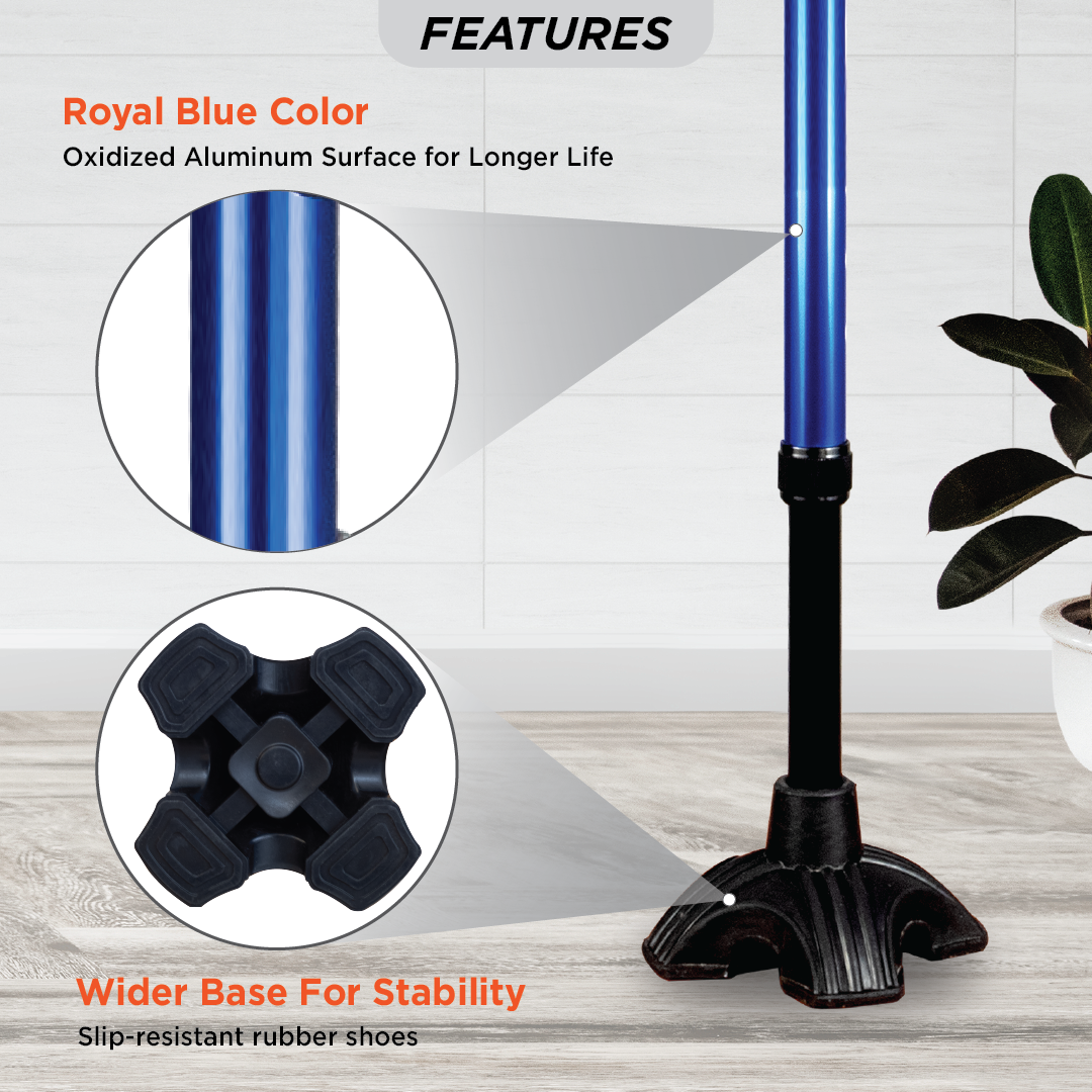Vissco Avanti Plus - T Shape Aluminum Stick | Lightweight Walking Stick | Adjustable Height |Wide Base for Balance (Blue)