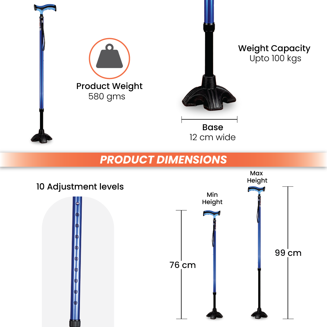 Vissco Avanti Plus - T Shape Aluminum Stick | Lightweight Walking Stick | Adjustable Height |Wide Base for Balance (Blue)