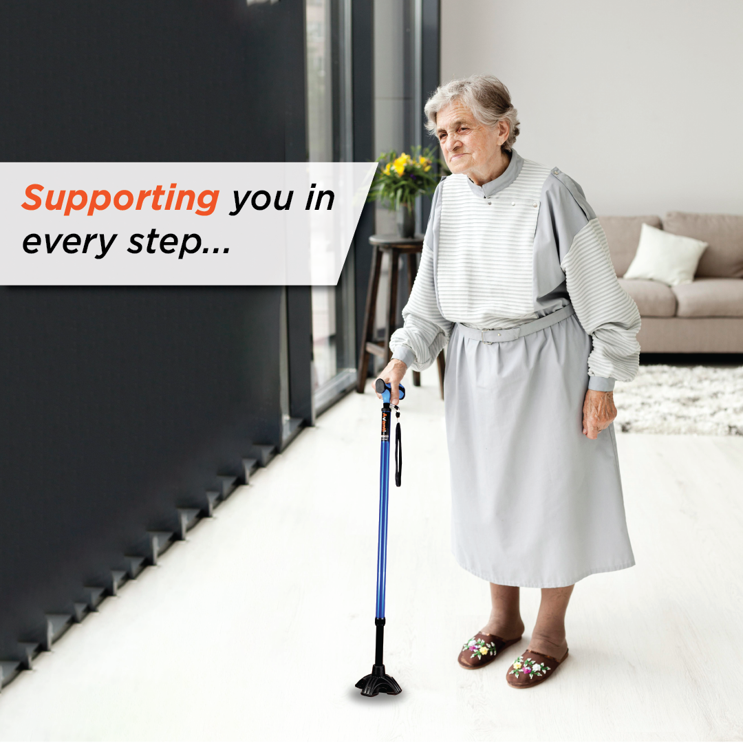 Vissco Avanti Plus - T Shape Aluminum Stick | Lightweight Walking Stick | Adjustable Height |Wide Base for Balance (Blue)