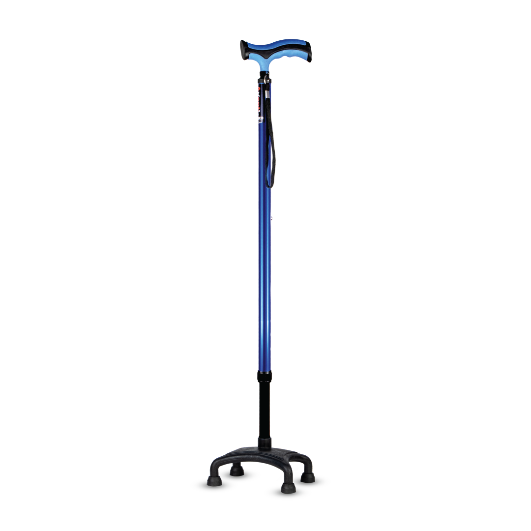 Vissco Avanti Plus - T Shape Aluminum Quadripod Stick | Lightweight Walking Stick | Adjustable Height| 4 Legged base (Blue)
