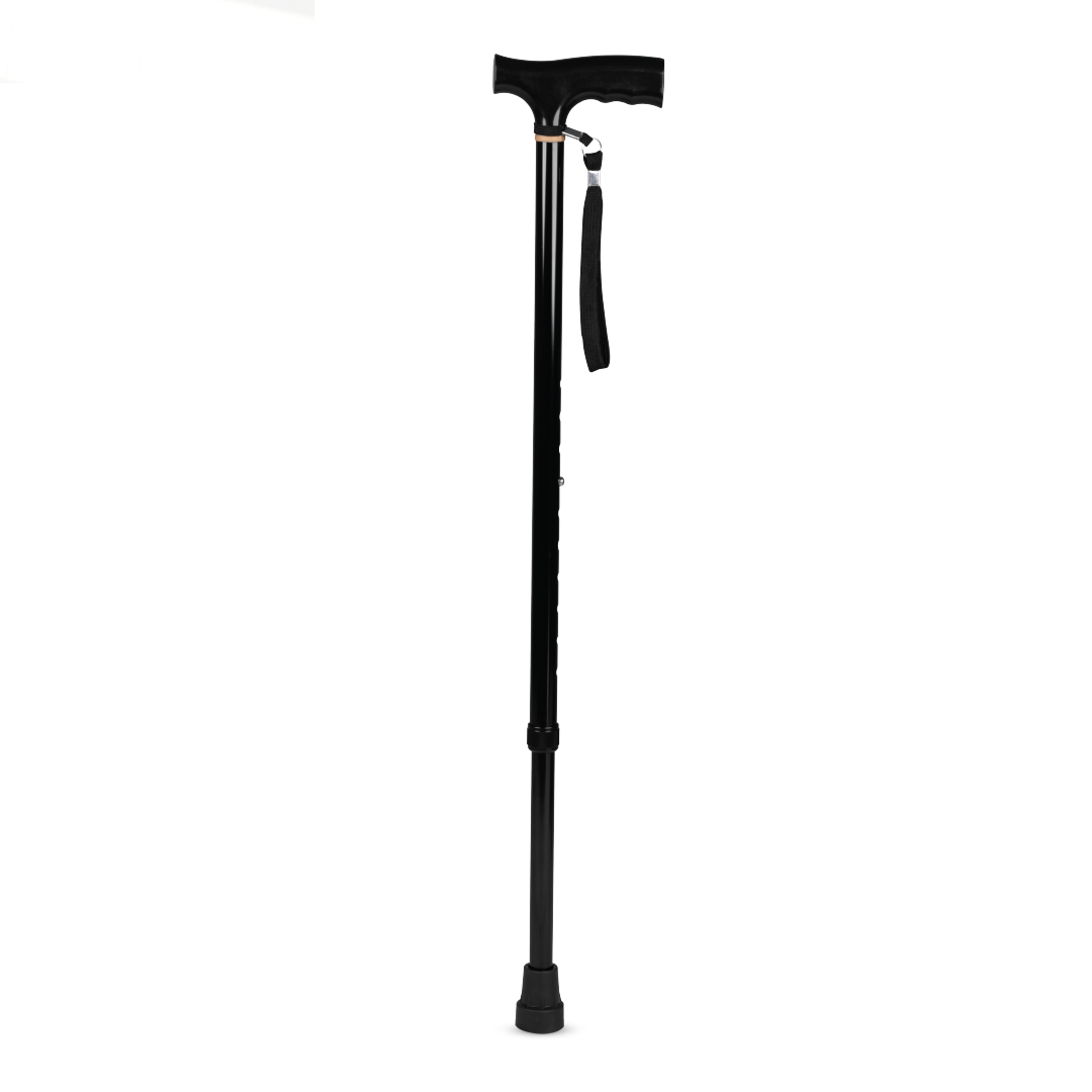 Vissco Avanti T Shape Aluminum Walking Stick|Light Weight & Height Adjustable Walking Aid|For Elderly & those Physically Challenged | Durable Soft Rubber Shoes for Grip - Universal (Black)