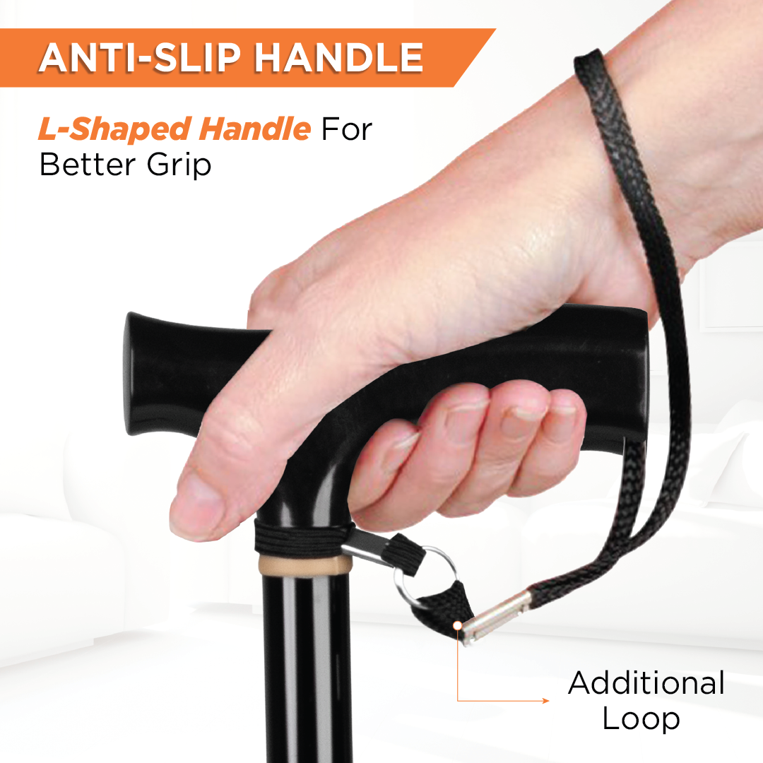 Vissco Avanti T Shape Aluminum Walking Stick|Light Weight & Height Adjustable Walking Aid|For Elderly & those Physically Challenged | Durable Soft Rubber Shoes for Grip - Universal (Black)