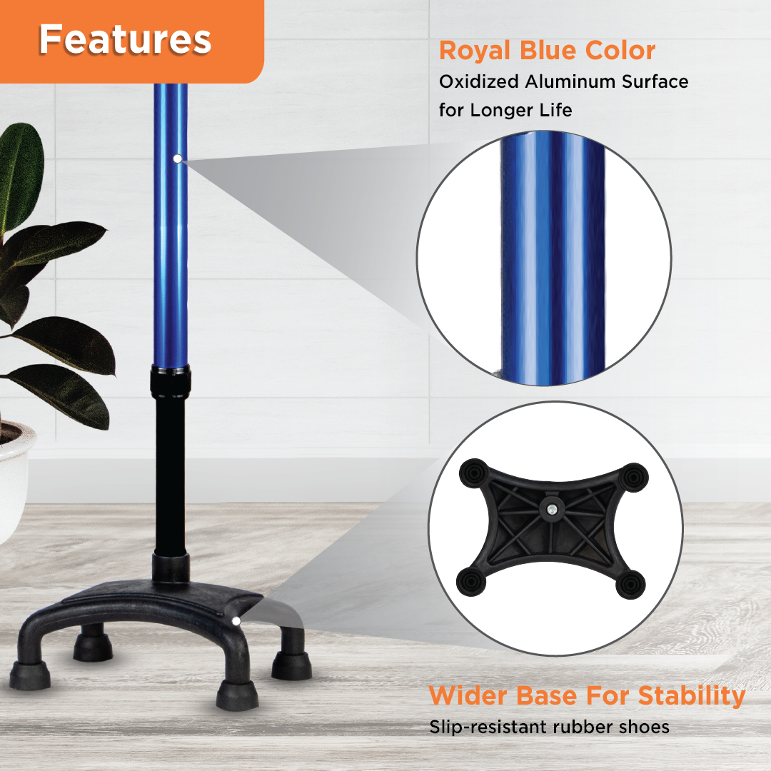 Vissco Avanti Plus - T Shape Aluminum Quadripod Stick | Lightweight Walking Stick | Adjustable Height| 4 Legged base (Blue)
