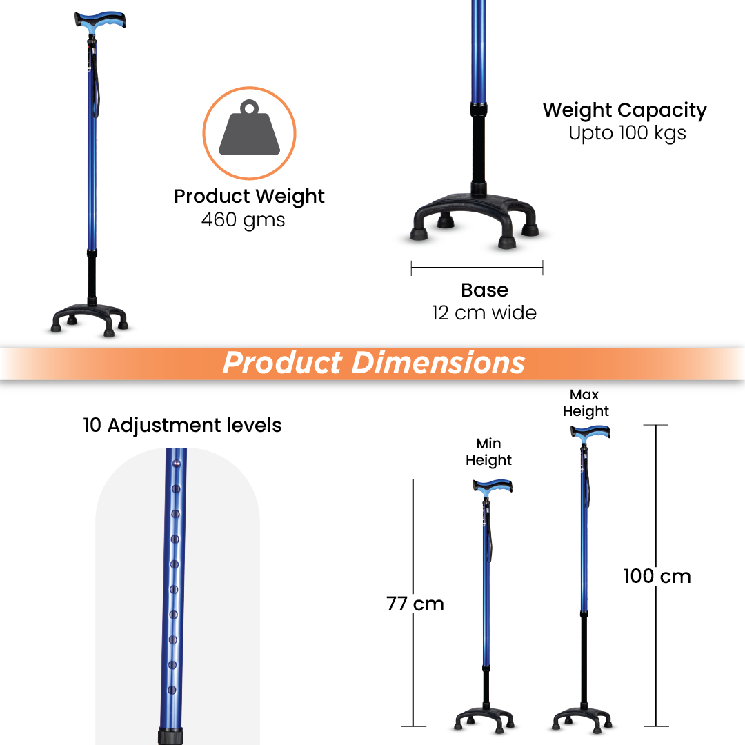 Vissco Avanti Plus - T Shape Aluminum Quadripod Stick | Lightweight Walking Stick | Adjustable Height| 4 Legged base (Blue)