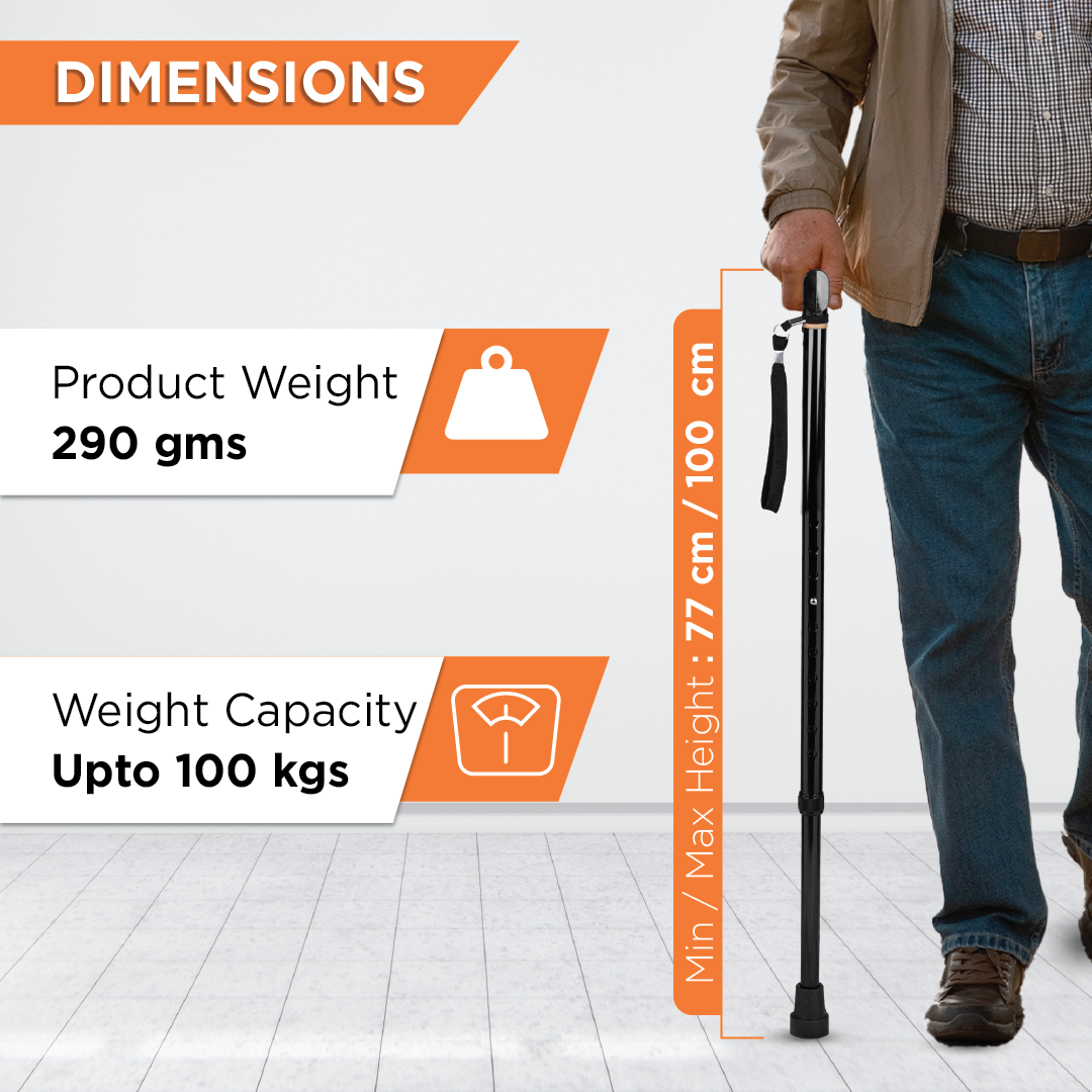 Vissco Avanti T Shape Aluminum Walking Stick|Light Weight & Height Adjustable Walking Aid|For Elderly & those Physically Challenged | Durable Soft Rubber Shoes for Grip - Universal (Black)