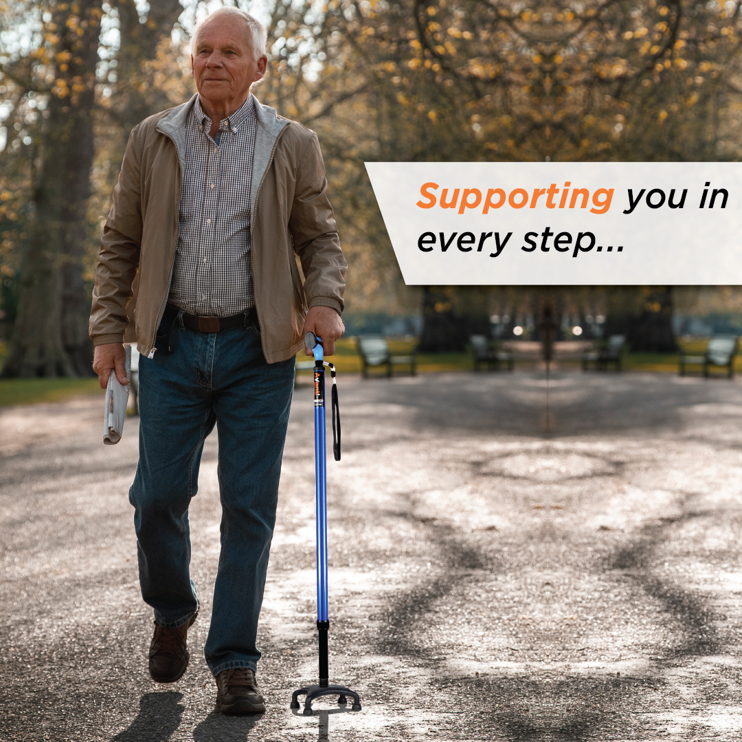 Vissco Avanti Plus - T Shape Aluminum Quadripod Stick | Lightweight Walking Stick | Adjustable Height| 4 Legged base (Blue)