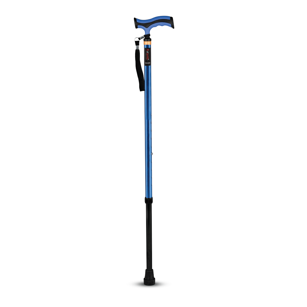 Vissco Avanti Plus - T Shape Aluminum Single Stick | Lightweight Walking Stick | Adjustable Height | Big Shoe for Better Grip (Blue)