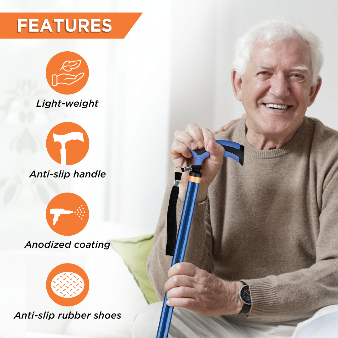 Vissco Avanti Plus - T Shape Aluminum Single Stick | Lightweight Walking Stick | Adjustable Height | Big Shoe for Better Grip (Blue)