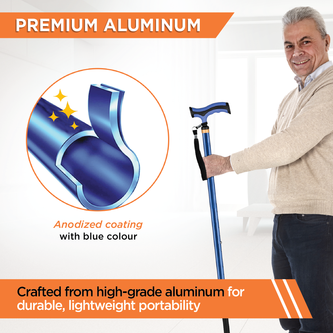 Vissco Avanti Plus - T Shape Aluminum Single Stick | Lightweight Walking Stick | Adjustable Height | Big Shoe for Better Grip (Blue)