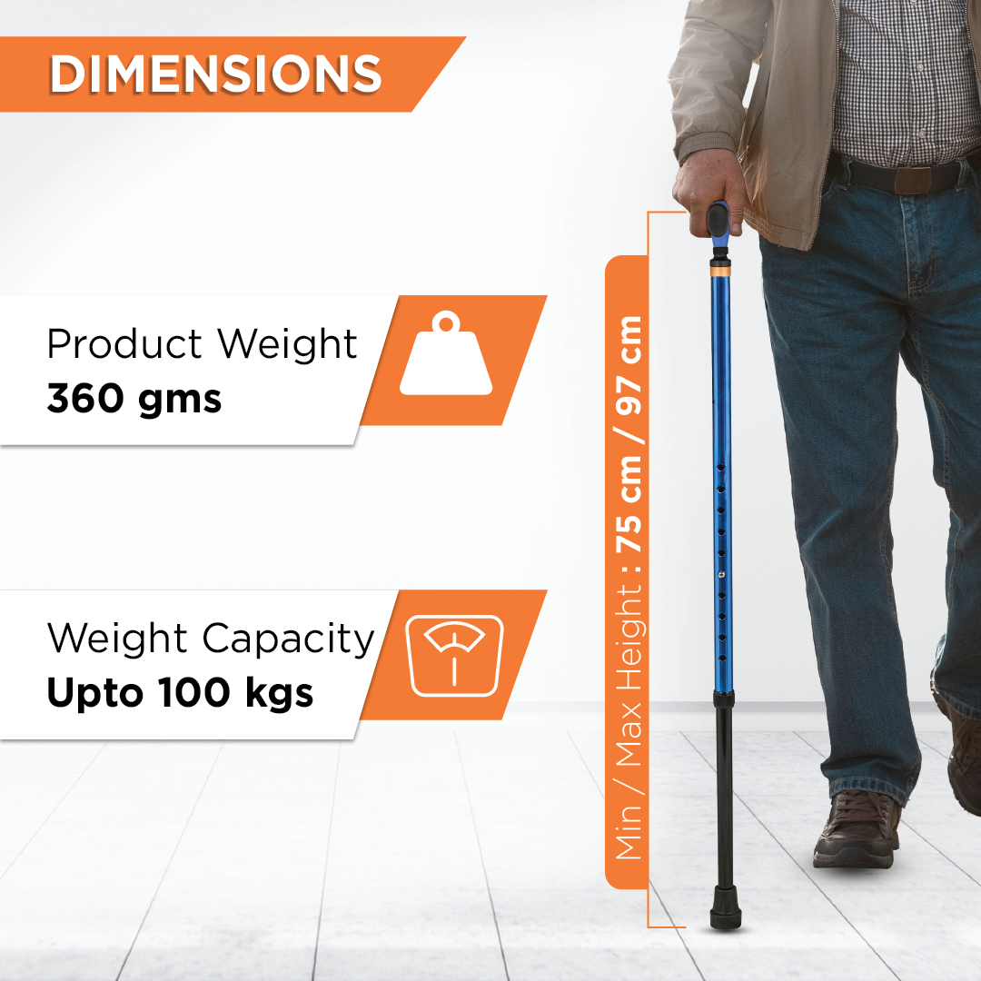 Vissco Avanti Plus - T Shape Aluminum Single Stick | Lightweight Walking Stick | Adjustable Height | Big Shoe for Better Grip (Blue)