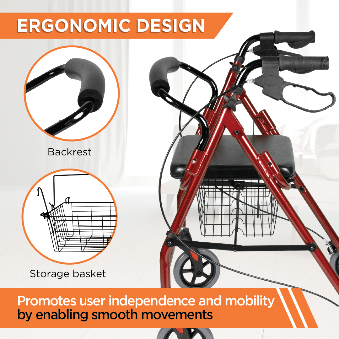 Vissco Dura Rollator Walker (Aluminium) With Seat & Basket | Foldable | Weight Bearing Capacity 120kg (Maroon)