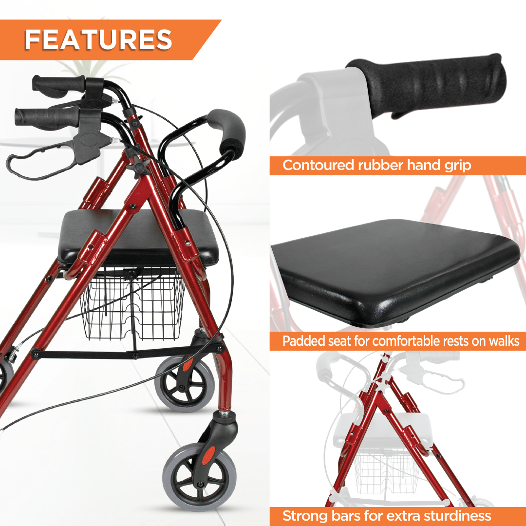 Vissco Dura Rollator Walker (Aluminium) With Seat & Basket | Foldable | Weight Bearing Capacity 120kg (Maroon)