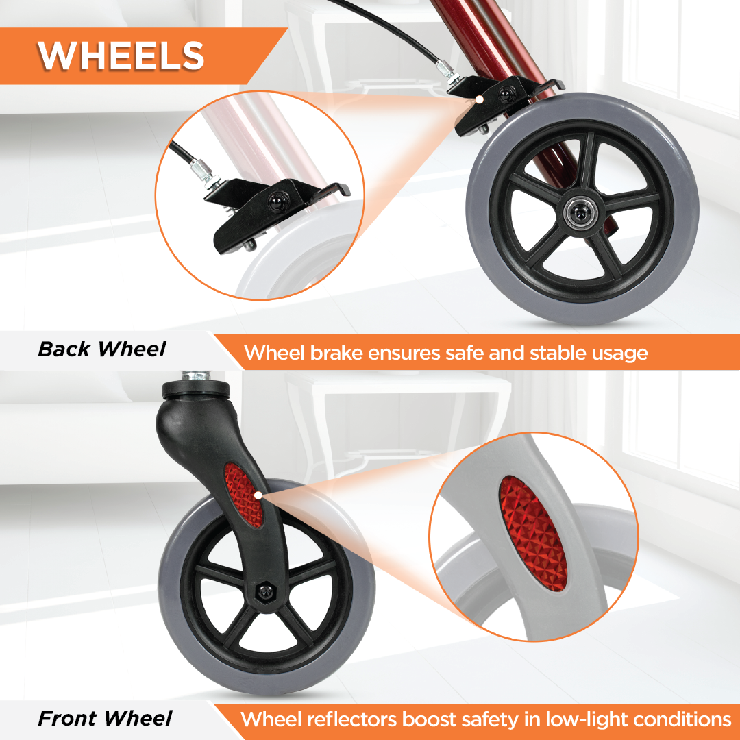 Vissco Dura Rollator Walker (Aluminium) With Seat & Basket | Foldable | Weight Bearing Capacity 120kg (Maroon)
