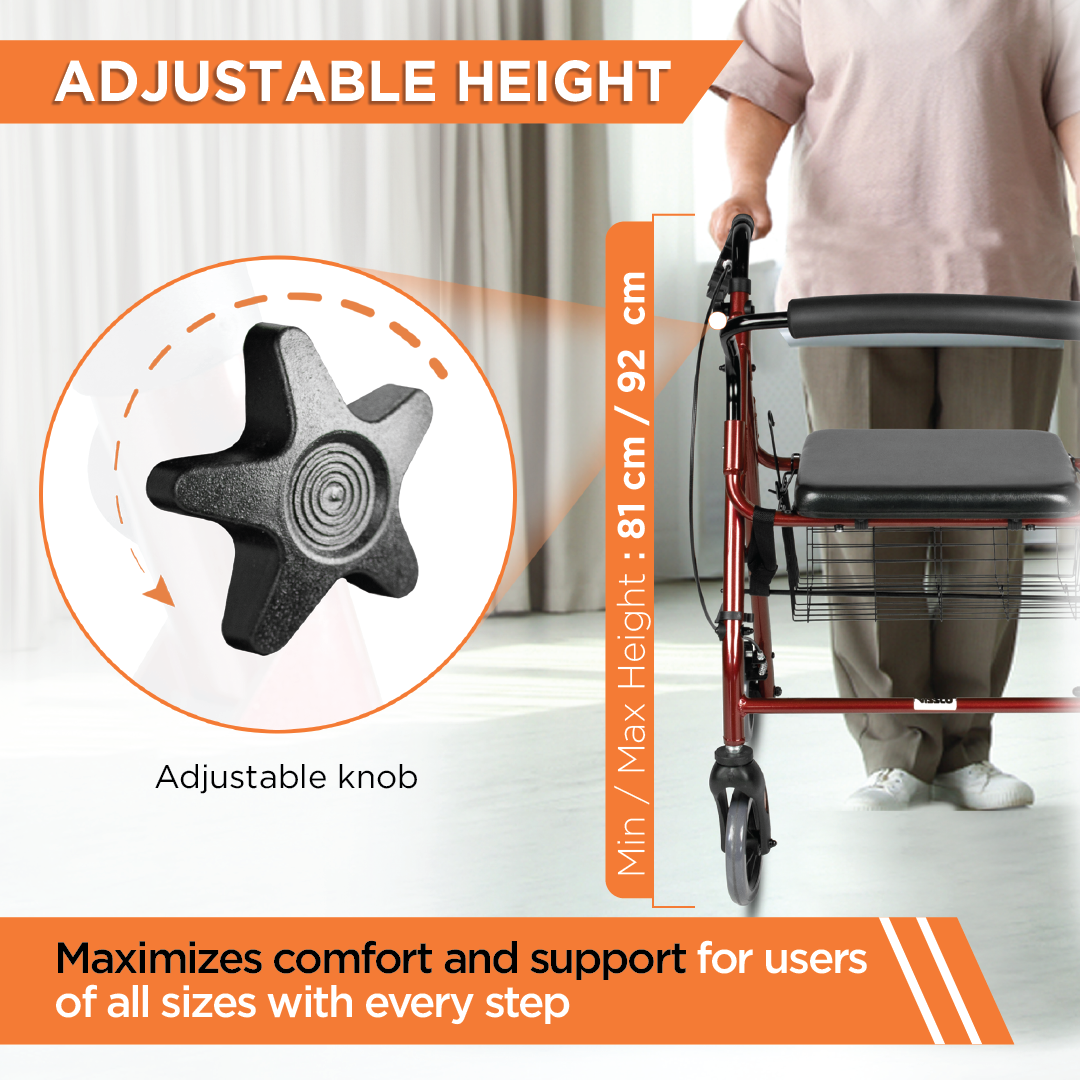 Vissco Dura Rollator Walker (Aluminium) With Seat & Basket | Foldable | Weight Bearing Capacity 120kg (Maroon)