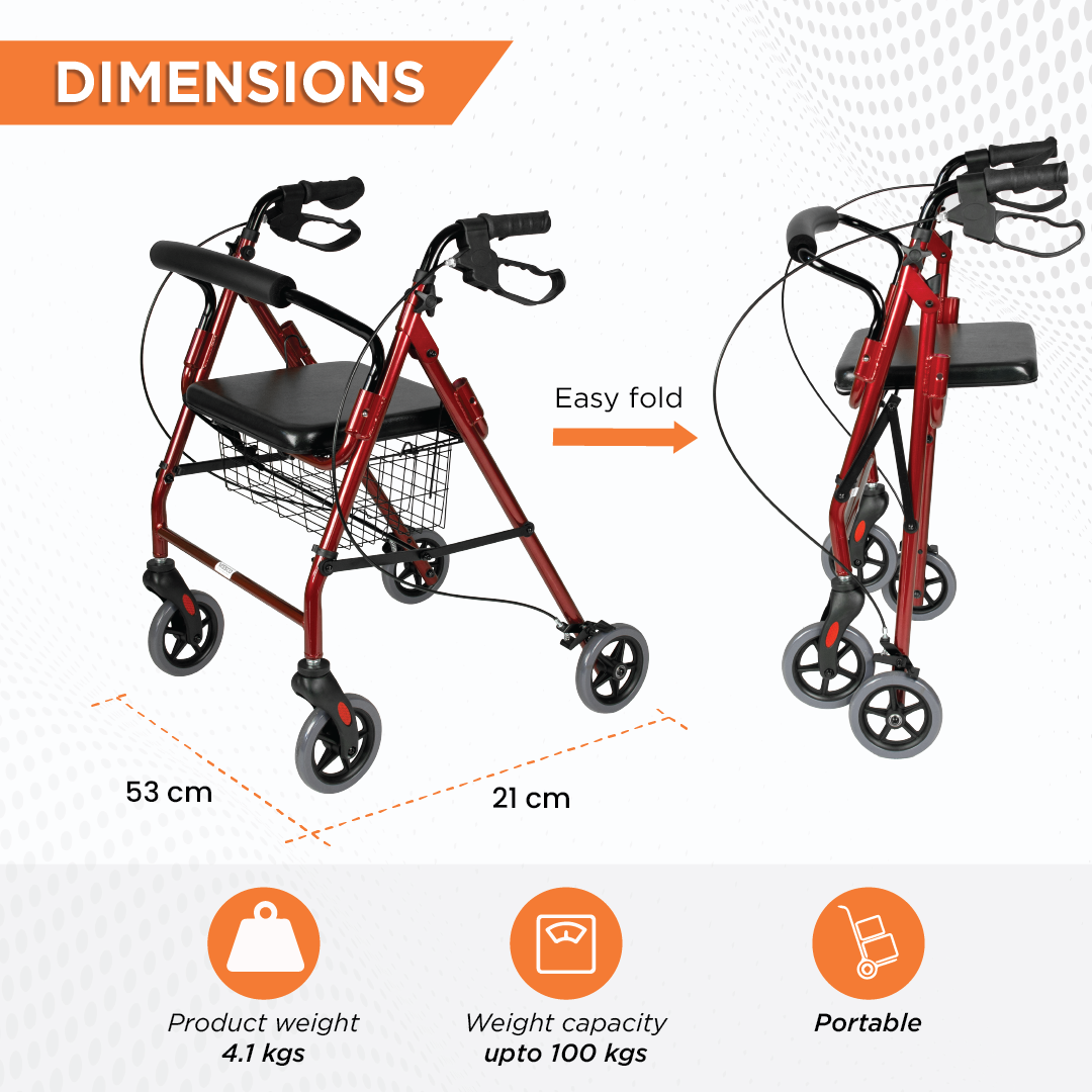 Vissco Dura Rollator Walker (Aluminium) With Seat & Basket | Foldable | Weight Bearing Capacity 120kg (Maroon)