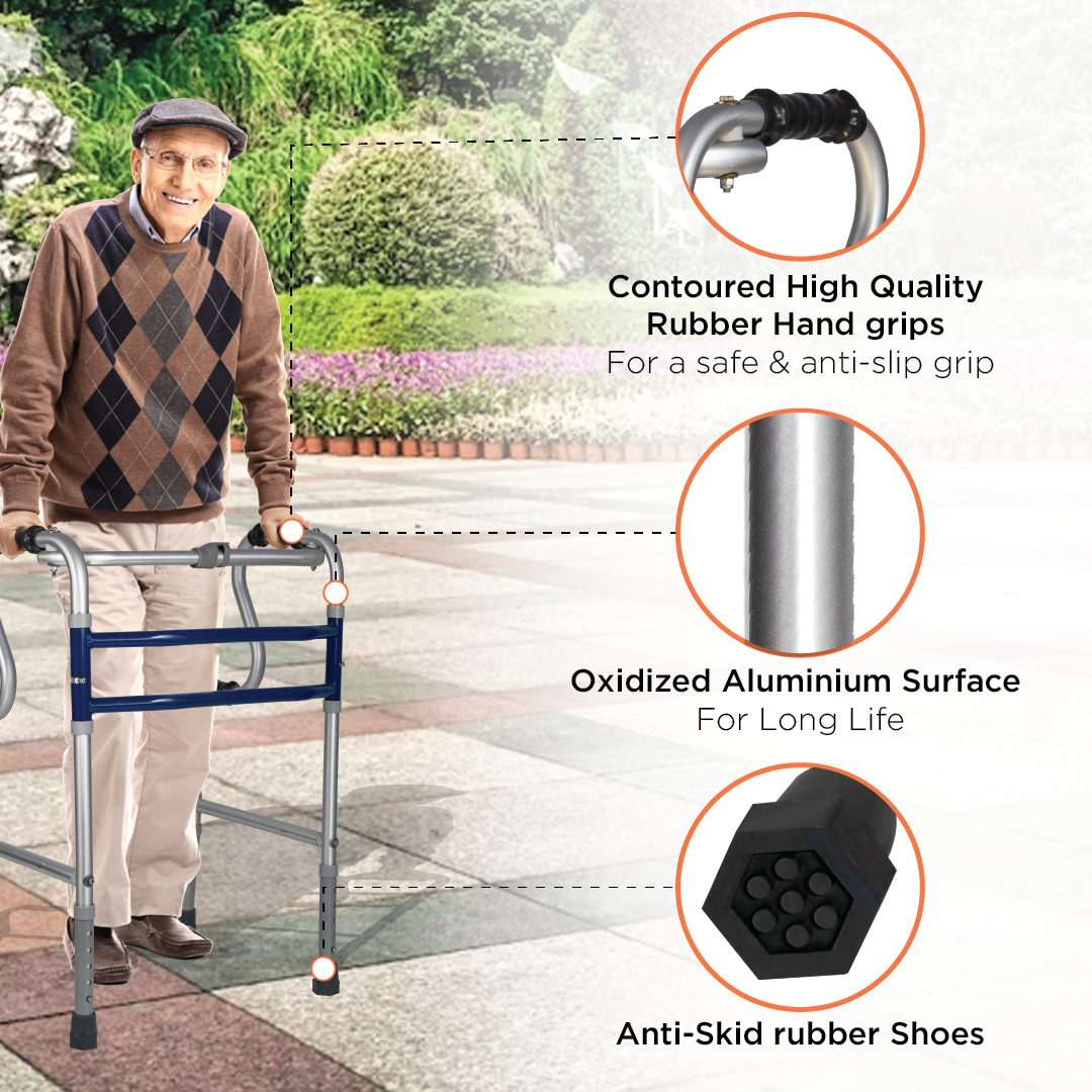 Vissco Dura Step Walker (Aluminium) | Foldable Walking Aid | Adjustable Height | Light Weight | With Premium Grade Rubber Shoes and PVC Grip (Grey)