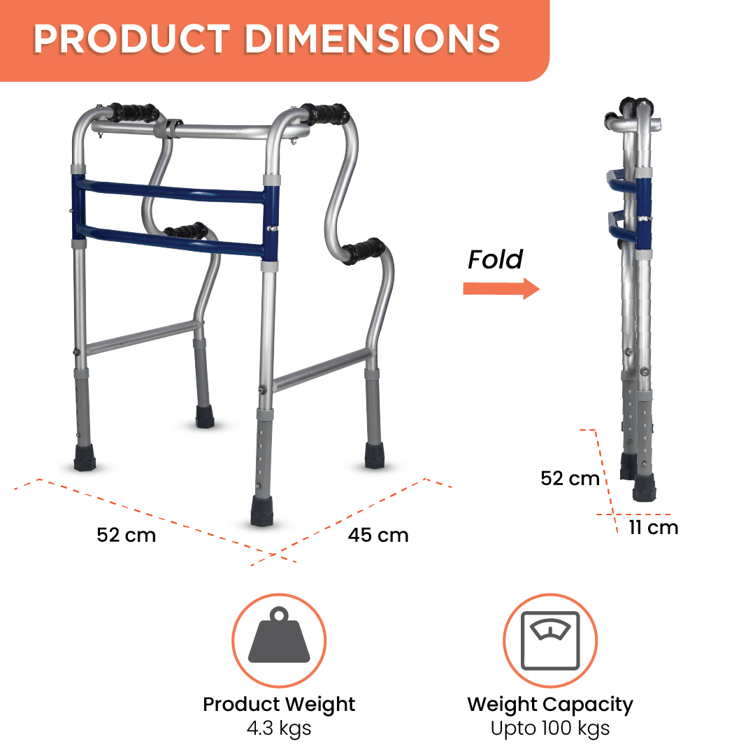 Vissco Dura Step Walker (Aluminium) | Foldable Walking Aid | Adjustable Height | Light Weight | With Premium Grade Rubber Shoes and PVC Grip (Grey)