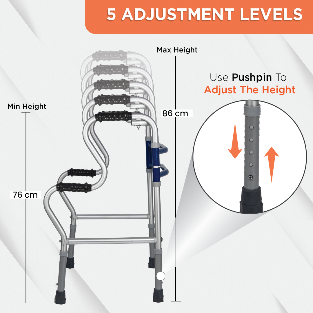 Vissco Dura Step Walker (Aluminium) | Foldable Walking Aid | Adjustable Height | Light Weight | With Premium Grade Rubber Shoes and PVC Grip (Grey)