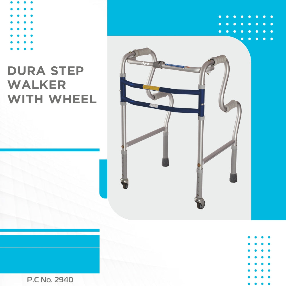 Vissco Dura Step Walker (Aluminium) with Wheel | Foldable Walking Aid | Adjustable Height | Light Weight | With Premium Grade Rubber Shoes and PVC Grip (Grey)